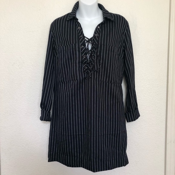 Forever 21 Black White Striped Lace Up Tie Dress - Picture 2 of 4